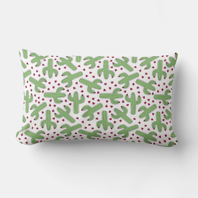 Illustrated Cactus & Pink Flowers Pattern Lumbar Pillow (Front)