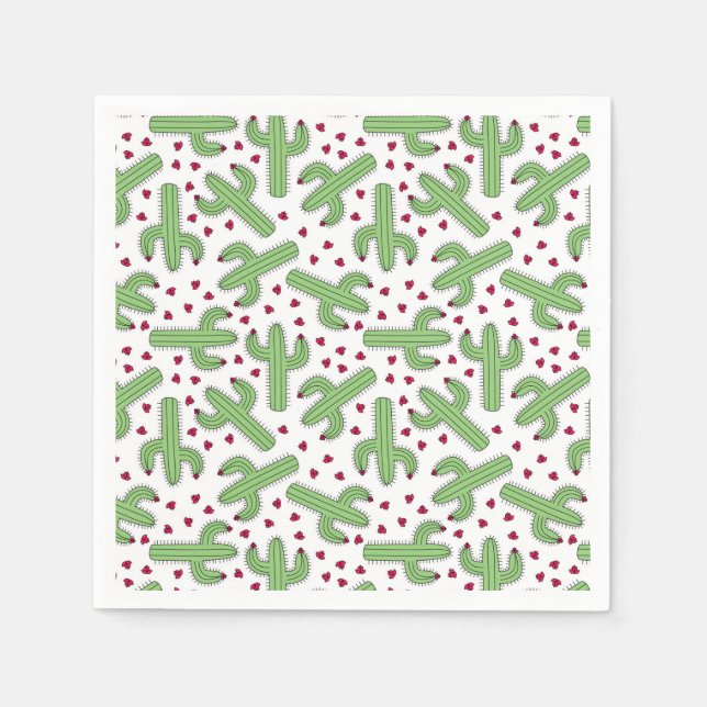 Illustrated Cactus & Pink Flowers Pattern Napkins (Front)