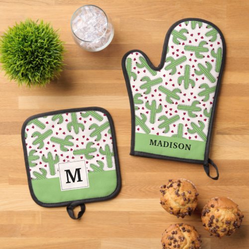 Illustrated Cactus  Pink Flowers Pattern Oven Mitt  Pot Holder Set