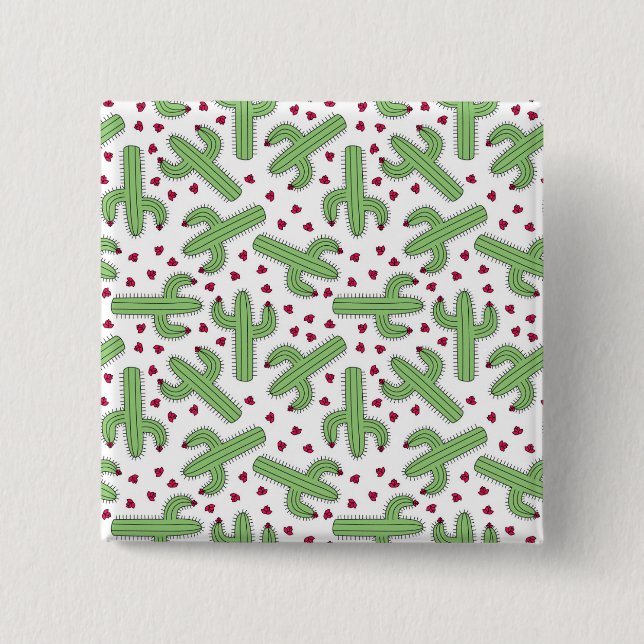 Illustrated Cactus & Pink Flowers Pattern Pinback Button (Front)