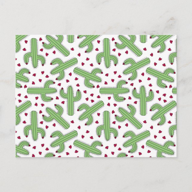 Illustrated Cactus & Pink Flowers Pattern Postcard (Front)