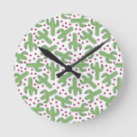 Illustrated Cactus &amp; Pink Flowers Pattern Round Clock