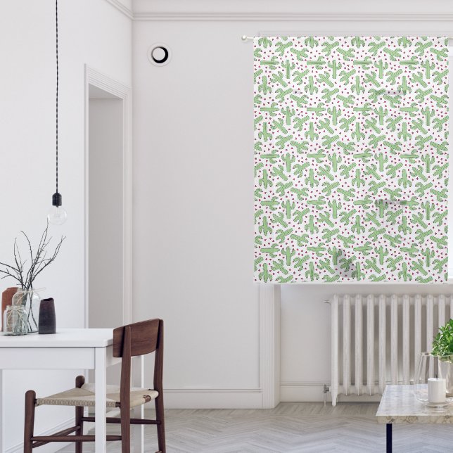 Illustrated Cactus & Pink Flowers Pattern Sheer Curtains (Living Room)