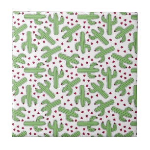 Illustrated Cactus & Pink Flowers Pattern Tile