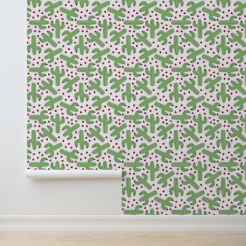 Illustrated Cactus  Pink Flowers Pattern Wallpaper