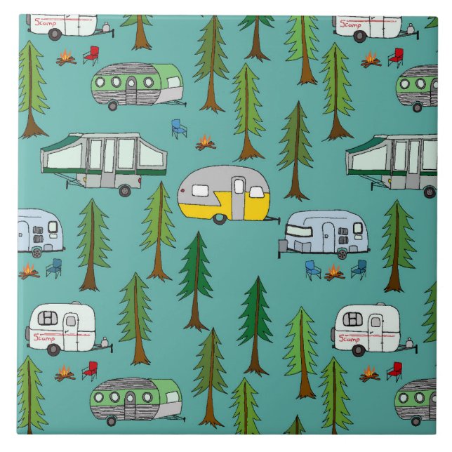 Illustrated Campers Background Ceramic Tile (Front)
