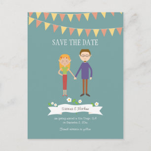 Illustrated Cartoon Couple Portrait Wedding Announcement Postcard
