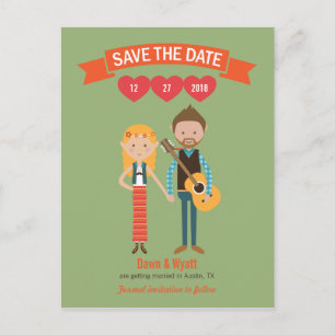 Illustrated Cartoon Couple Portrait Wedding Announcement Postcard