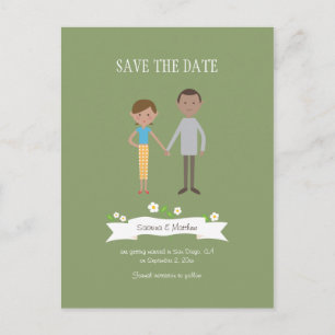 Illustrated Cartoon Couple Portrait Wedding Announcement Postcard