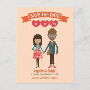 Illustrated Cartoon Couple Portrait Wedding Announcement Postcard