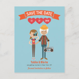 Illustrated Cartoon Couple Portrait Wedding Announcement Postcard