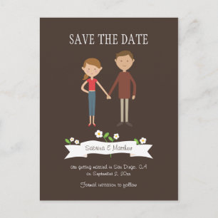 Illustrated Cartoon Couple Portrait Wedding Announcement Postcard