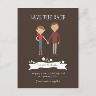 Illustrated Cartoon Couple Portrait Wedding Announcement Postcard