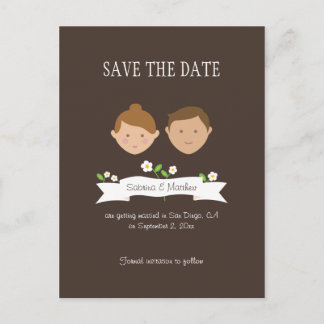 Illustrated Cartoon Couple Portrait Wedding Announcement Postcard