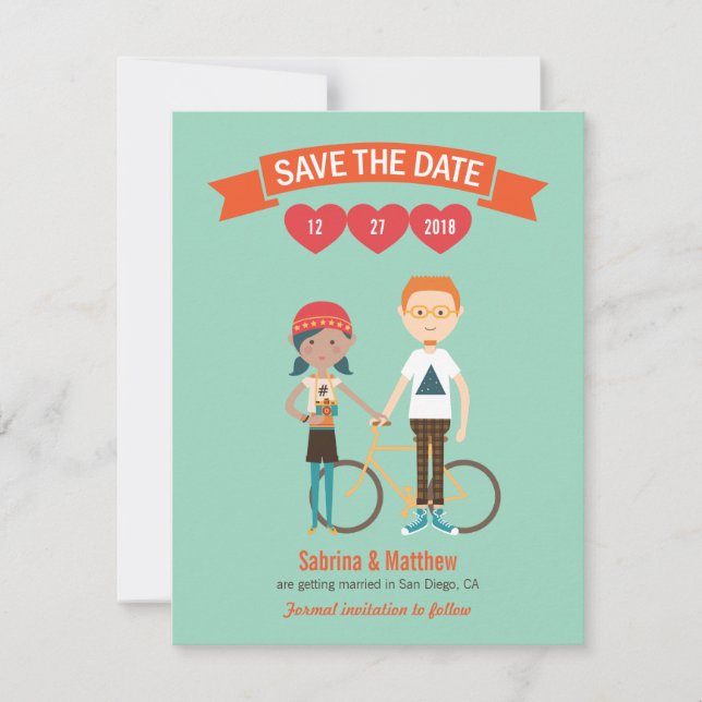 Illustrated Cartoon Couple Portrait Wedding Invitation (Front)