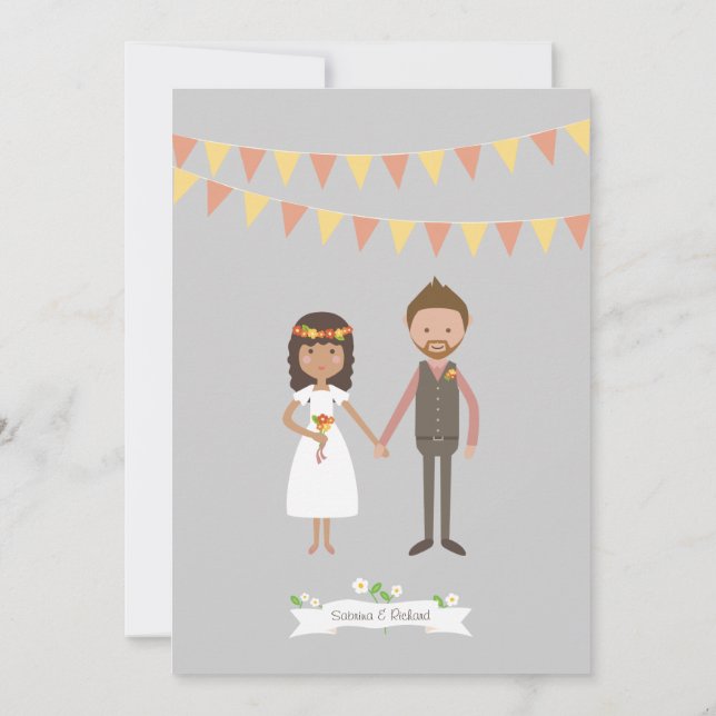 Illustrated Cartoon Couple Portrait Wedding Invitation (Back)