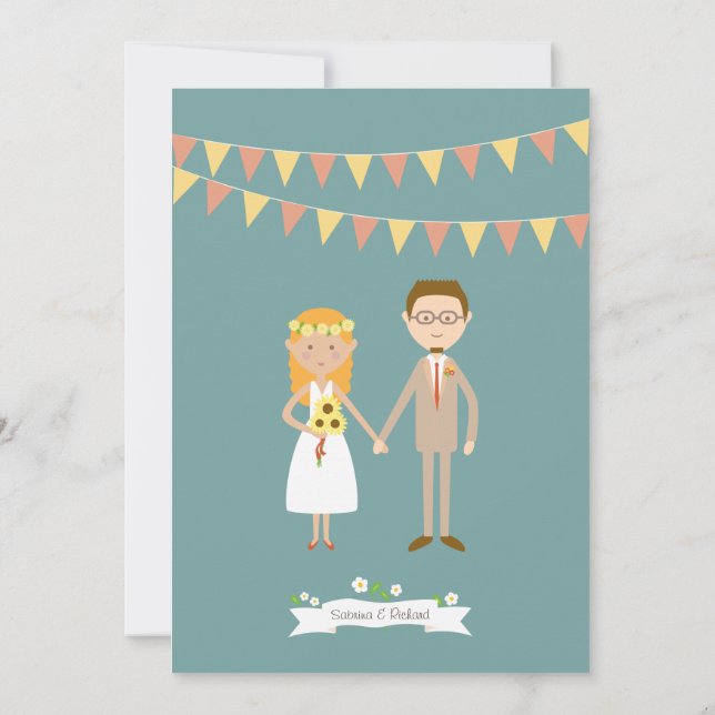 Illustrated Cartoon Couple Portrait Wedding Invitation (Back)