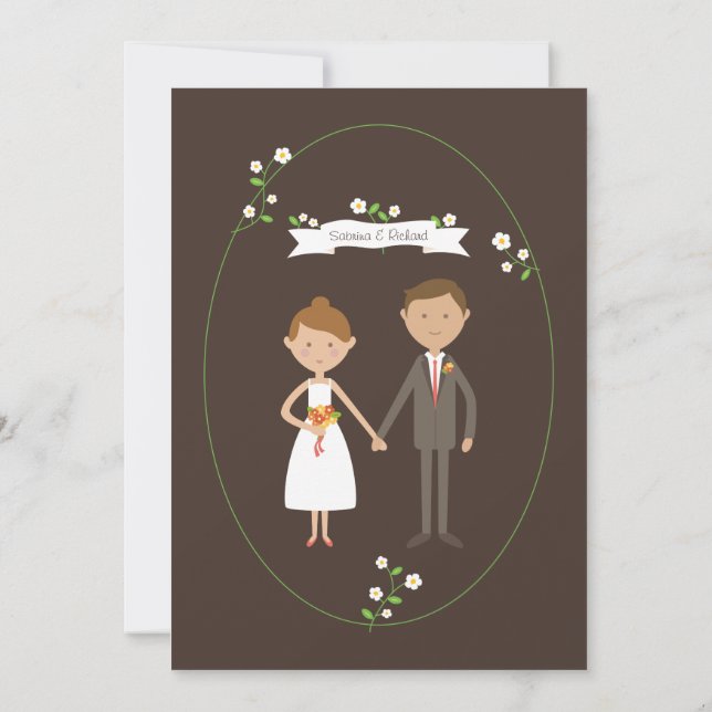 Illustrated Cartoon Couple Portrait Wedding Invitation (Back)
