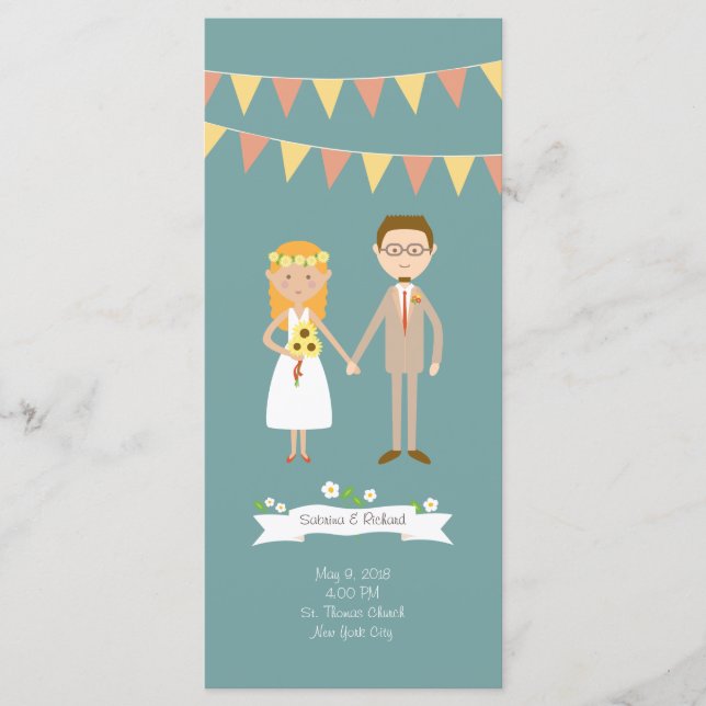 Illustrated Cartoon Couple Portrait Wedding Program (Front)