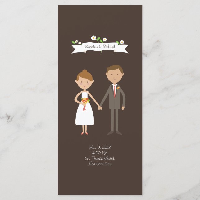 Illustrated Cartoon Couple Portrait Wedding Program (Front)