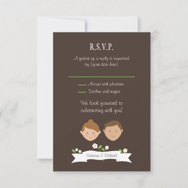 Illustrated Cartoon Couple Portrait Wedding RSVP Card (Front)