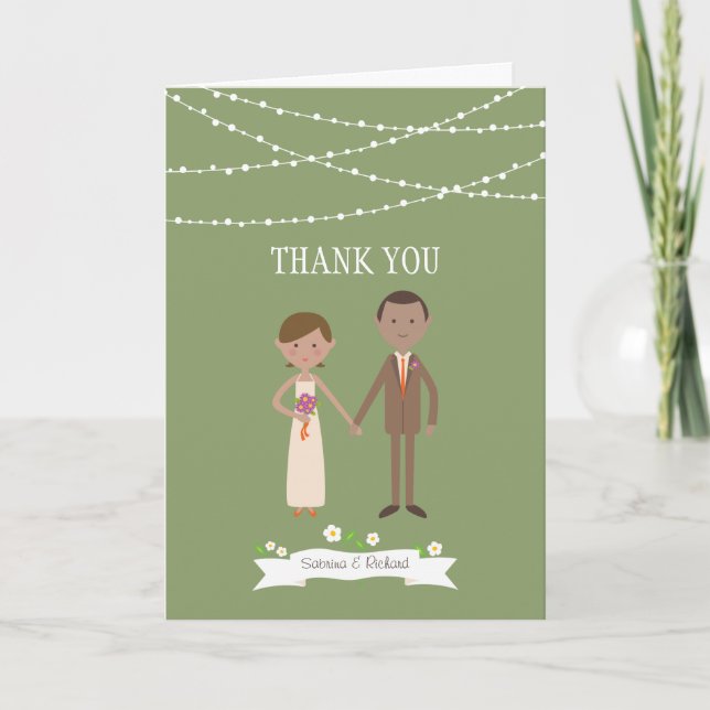 Illustrated Cartoon Couple Portrait Wedding Thank You Card (Front)