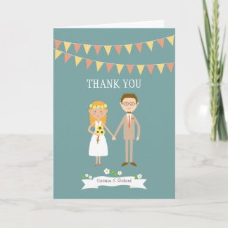 Illustrated Cartoon Couple Portrait Wedding Thank You Card