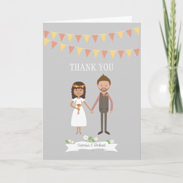 Illustrated Cartoon Couple Portrait Wedding Thank You Card (Front)
