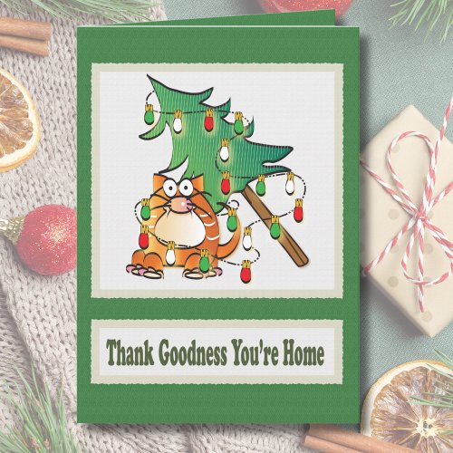 Illustrated Cat Cartoon Red Green Christmas Card