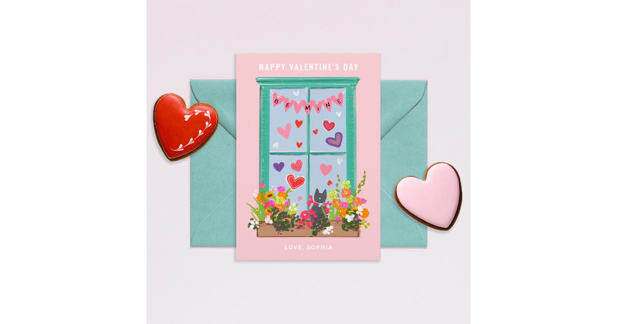 Illustrated Cat in Window Valentine Classroom Invitation | Zazzle