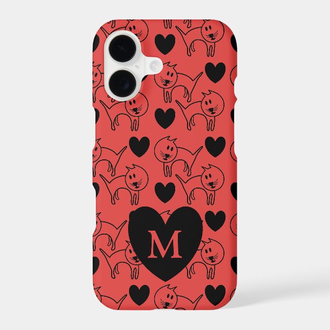 Illustrated Cats and Hearts Pattern Monogram Case-Mate iPhone Case (Back)
