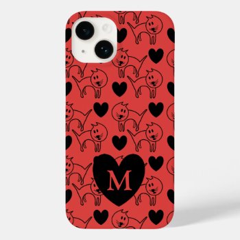 Illustrated Cats And Hearts Pattern Monogram Case-mate Iphone 14 Case by LouiseBDesigns at Zazzle