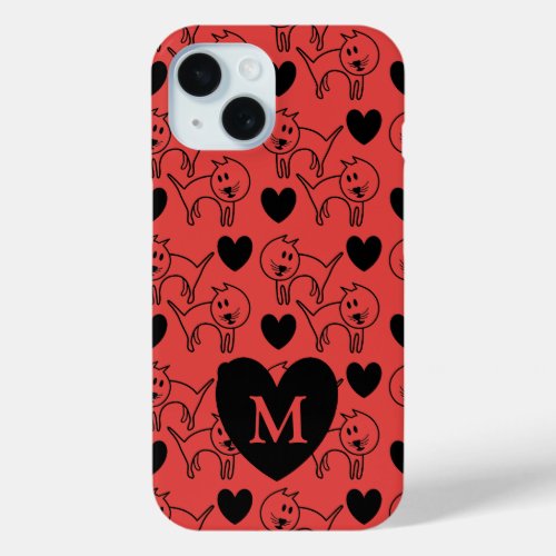 Illustrated Cats and Hearts Pattern Monogram iPhone 15 Case