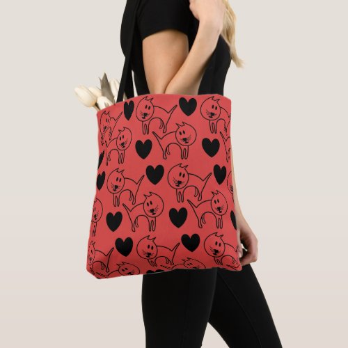 Illustrated Cats and Hearts Red Pattern Tote Bag