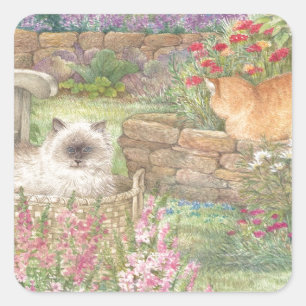 illustrated cats in garden square sticker