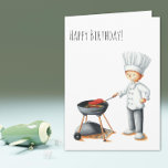 Illustrated Chef Man Doing a Barbecue Birthday Card<br><div class="desc">What a great birthday card for your loved husband who enjoys a great barbecue now and then. It has a minimalist design with an illustration of a man in a chef suit, with the cook hat and cook coat, cooking a steak in the grey grill. The sentiment says "Happy birthday"...</div>