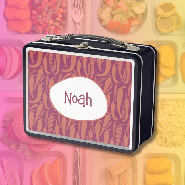 Illustrated Chili Pepper Pattern with Kids Name Metal Lunch Box (Creator Uploaded)