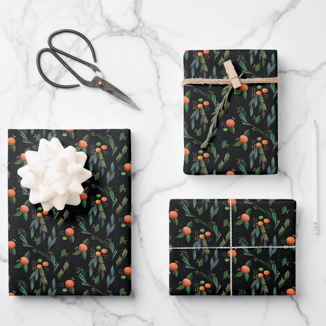 Illustrated Christmas Citrus Tangerine Holiday Wrapping Paper Sheets (Front)
