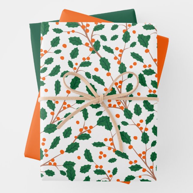Illustrated Christmas Holly Red & Green Wrapping Paper Sheets (In situ)