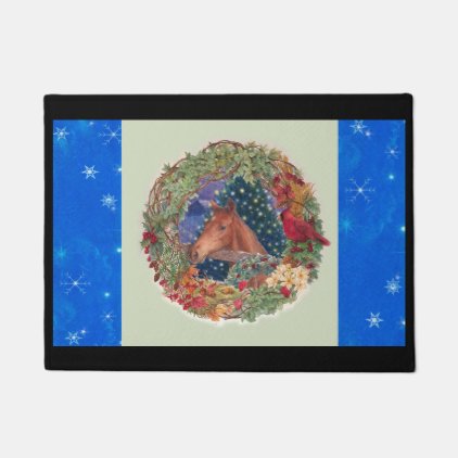 Illustrated Christmas Horse Twinkling Wreath Doormat