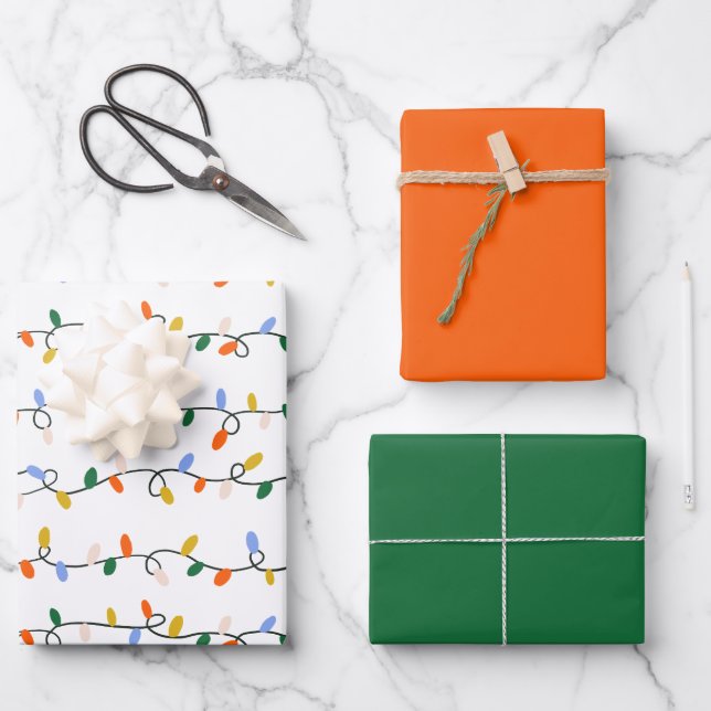 Illustrated Christmas Lights Red & Green Wrapping Paper Sheets (Front)