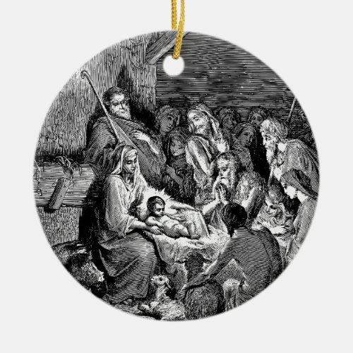 Illustrated Christmas Nativity Scene Ceramic Ornament