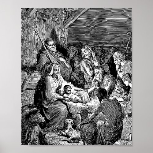 Illustrated Christmas Nativity Scene Poster