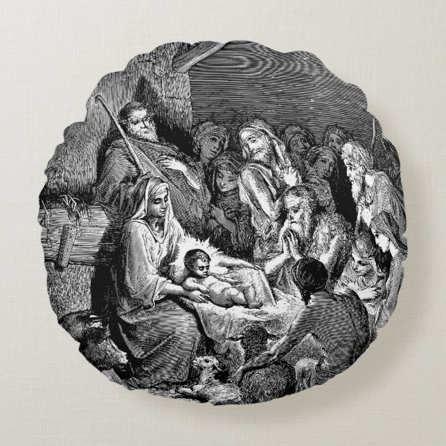 Illustrated Christmas Nativity Scene Round Pillow (Front)