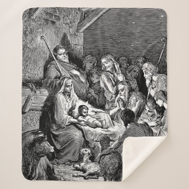 Illustrated Christmas Nativity Scene Sherpa Blanket (Front)