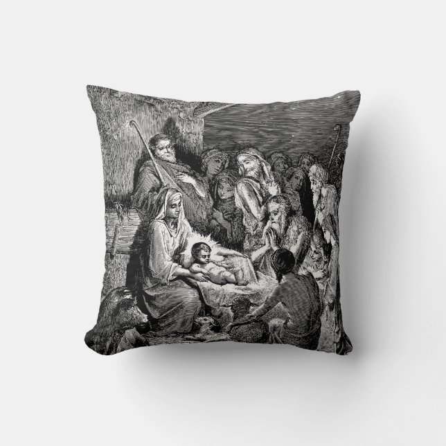 Illustrated Christmas Nativity Scene Throw Pillow (Front)