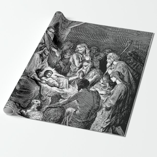 Illustrated Christmas Nativity Scene Wrapping Paper (Unrolled)