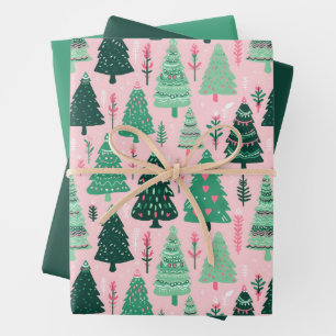 Illustrated Christmas Tree Green & Pink Wrapping Paper Sheets