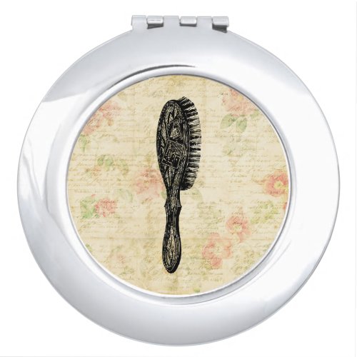 Illustrated Classic Womens Hair Brush Floral Art Compact Mirror