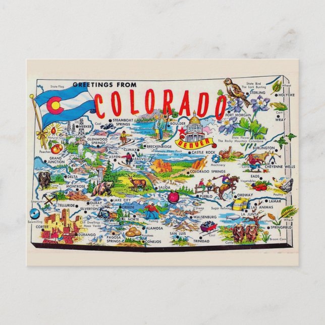 Illustrated Colorado Map Postcard (Front)